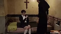 Lesbian nun Mona Wales captured redhead Audrey Noir having fun with large vibrator in her space and after that penalized her as well as made rimming